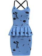 Romwe Criss Cross Back Cherry Print Peplum Waist Dress