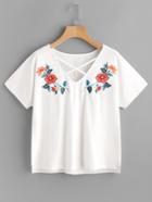 Romwe Crisscross Neck Symmetric Embroidery Stepped Hem Tee