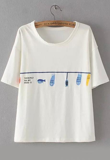 Romwe Fish Embroidered White T-shirt