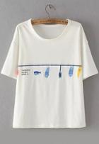 Romwe Fish Embroidered White T-shirt