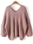Romwe Pink V Neck Drop Shoulder Oversized Sweater