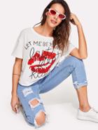 Romwe Letter And Red Lip Print Tee