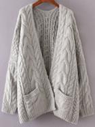 Romwe Grey Drop Shoulder Cable Knit Cardigan With Pockets