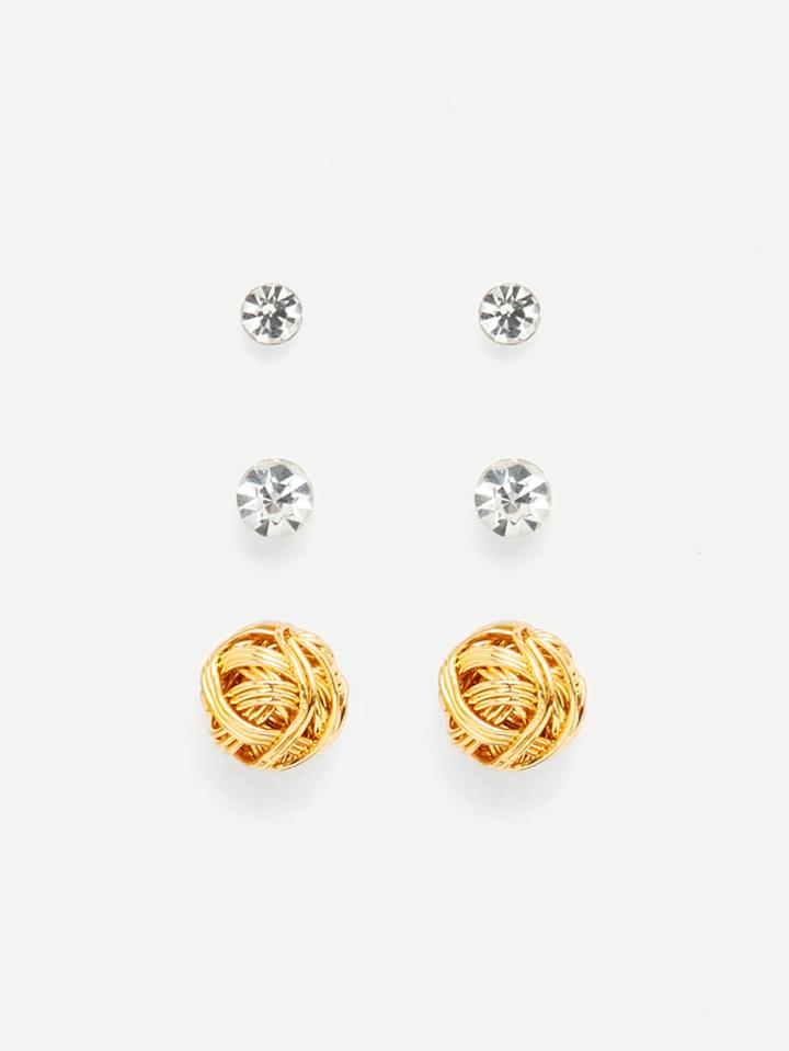 Romwe Rhinestone & Ball Design Earring Set