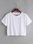 Romwe White Ripped Crop T-shirt