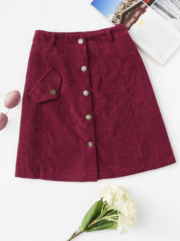 Romwe Corduroy Single Breasted Skirt