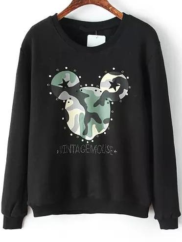 Romwe Mickey Print Bead Black Sweatshirt