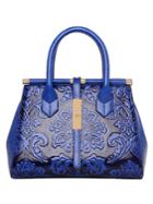 Romwe Flower Embossed Structured Tote Bag - Blue
