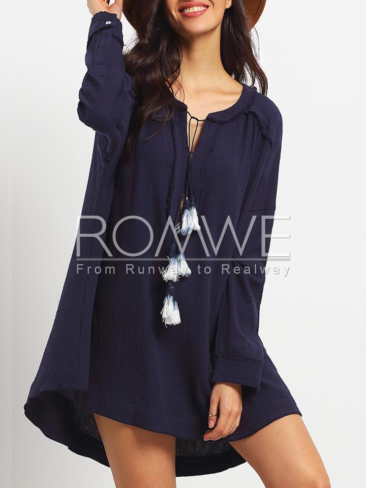 Romwe Navy Deep V Neck Drawstring High Low Dress