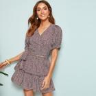 Romwe Frill Trim Puff Sleeve Wrap Crop Belted Top & Skirt Set