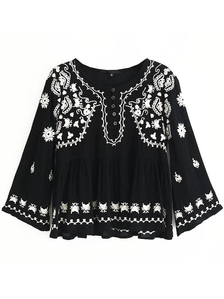 Romwe Black Embroidery Front Button Pleated Blouse
