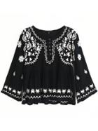 Romwe Black Embroidery Front Button Pleated Blouse