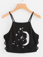 Romwe Moon Print Lace Up Side Cami Top