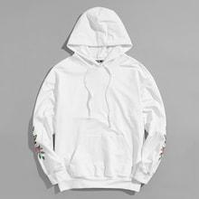 Romwe Guys Embroidery Sleeve Pocket Hoodie