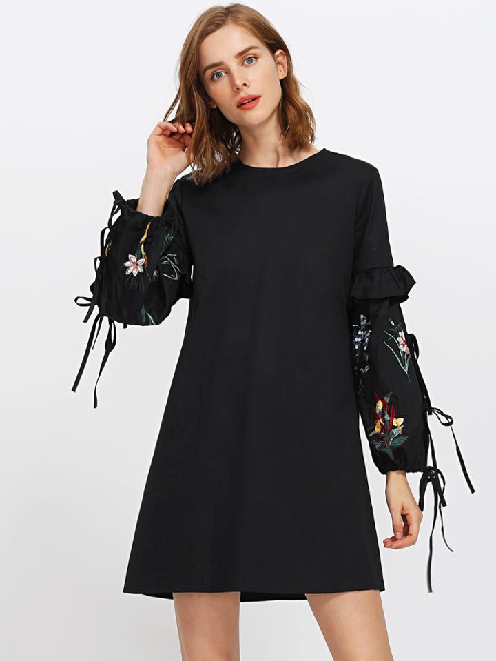 Romwe Frill Trim Embroidered Lantern Sleeve Dress