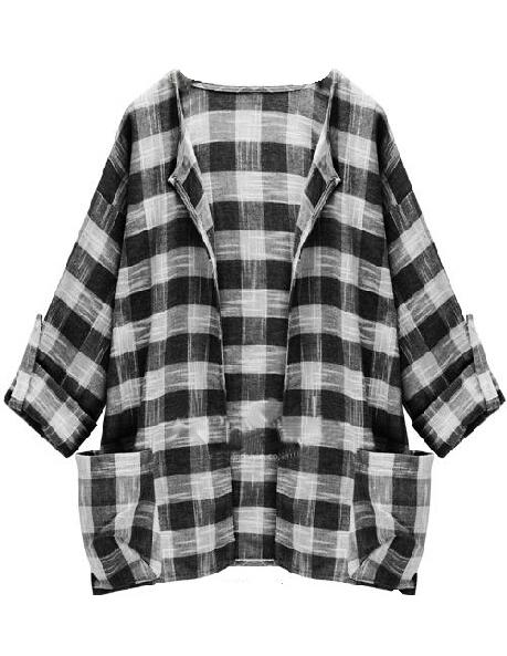 Romwe With Pockets Plaid Black Coat