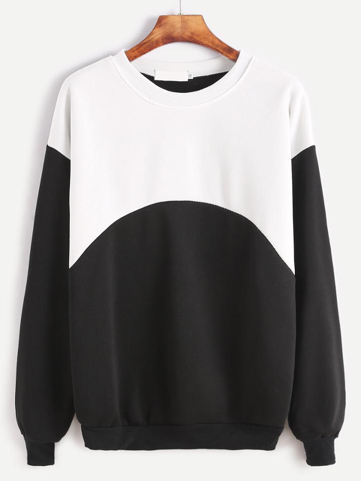 Romwe Black White Contrast Dropped Shoulder Seam Sweatshirt