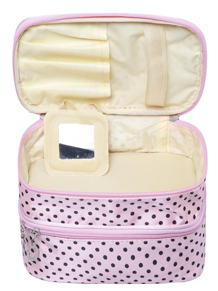 Romwe Pink Polka Dot Double Layers Cosmetic Bag
