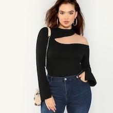 Romwe Plus Flounce Sleeve Asymmetrical Neck Top