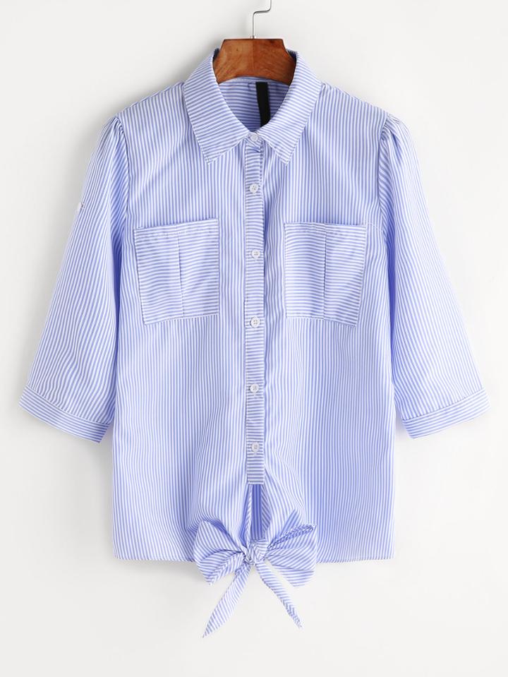 Romwe Pinstriped Bow Tie Hem Dual Pockets Blouse