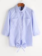 Romwe Pinstriped Bow Tie Hem Dual Pockets Blouse