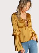 Romwe Frilled Fluted Sleeve Lace Up Top