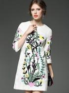 Romwe White Round Neck Length Sleeve Embroidered Pockets Dress