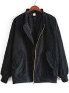 Romwe Stand Collar With Pockets Black Jacket