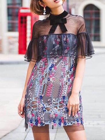 Romwe Tie Neck Contrast Sheer Mesh Embroidered Lace Dress