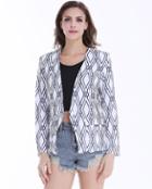 Romwe White Long Sleeve Black Diamond Print Crop Blazer
