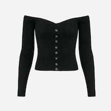 Romwe Button Up Off Shoulder Ribbed Jumper