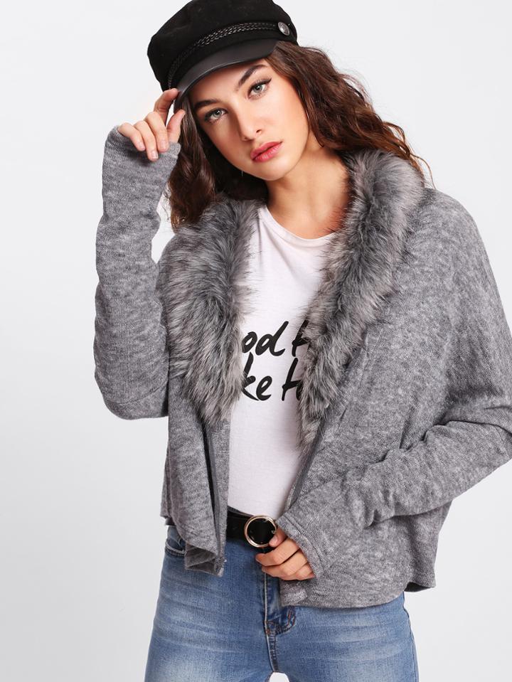 Romwe Faux Fur Neckline Heather Knit Dolman Coat
