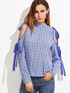 Romwe Blue And White Gingham Bow Tie Open Shoulder Blouse