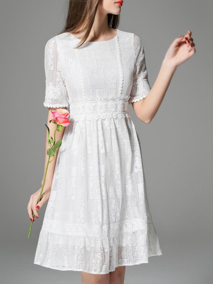 Romwe White Crew Neck Lace A-line Dress