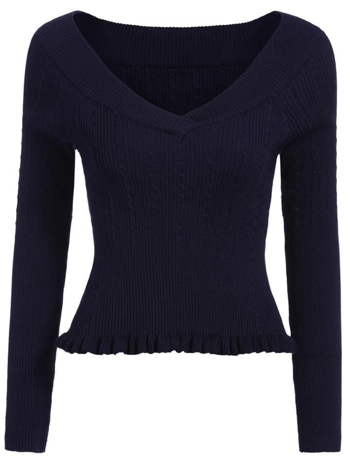Romwe V Neck Peplum Hem Navy Sweater