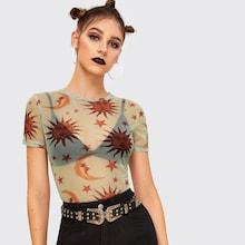 Romwe Sun And Star Print Sheer Mesh Tee