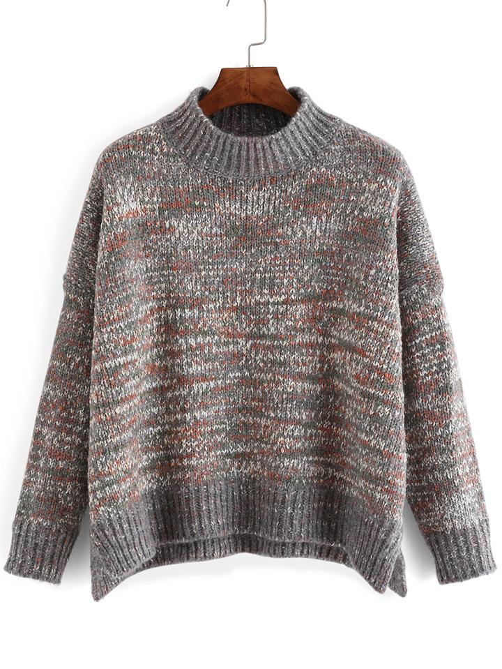 Romwe High Neck Dropped Shoulder Seam Split Sweater