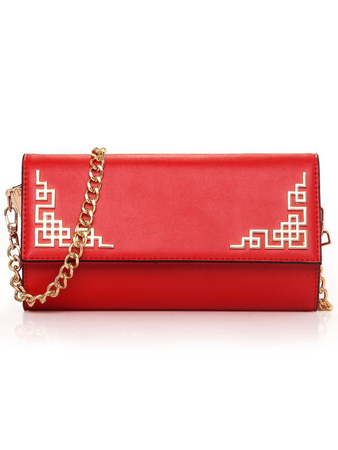 Romwe Cutout Metal Plate Embellished Clutch With Chain - Red