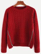 Romwe Burgundy Dip Hem Zips Front Sweater