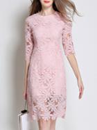 Romwe Pink Crochet Hollow Out Sheer Sheath Dress