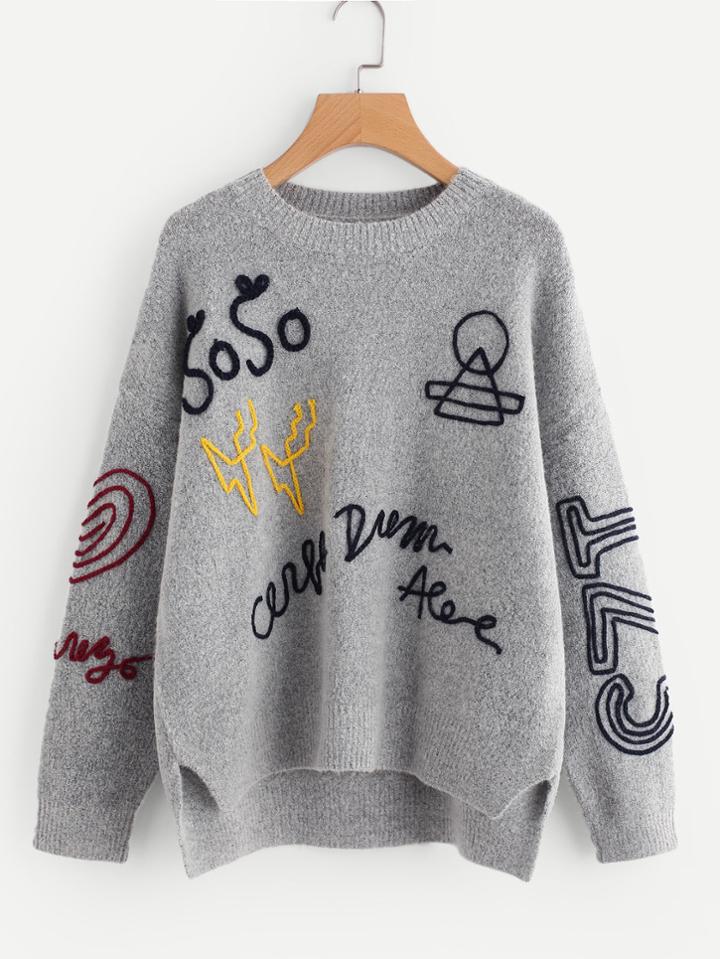 Romwe Braided Embroidery Stepped Hem Jumper