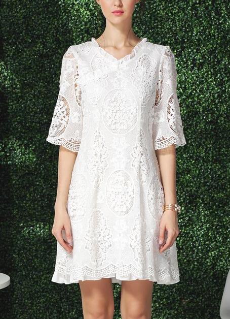 Romwe V Neck Half Sleeve Lace Crochet Hollow Dress