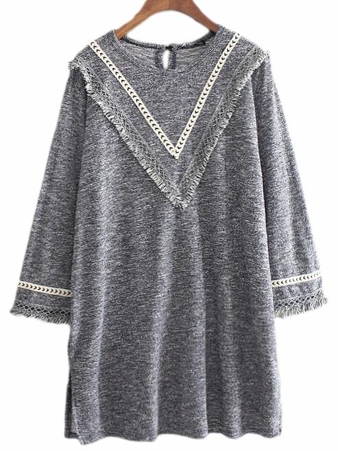 Romwe Grey Long Sleeve Cuff Fringe Side Split Dress