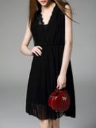 Romwe Black V Neck Backless Contrast Lace Pleated Dress