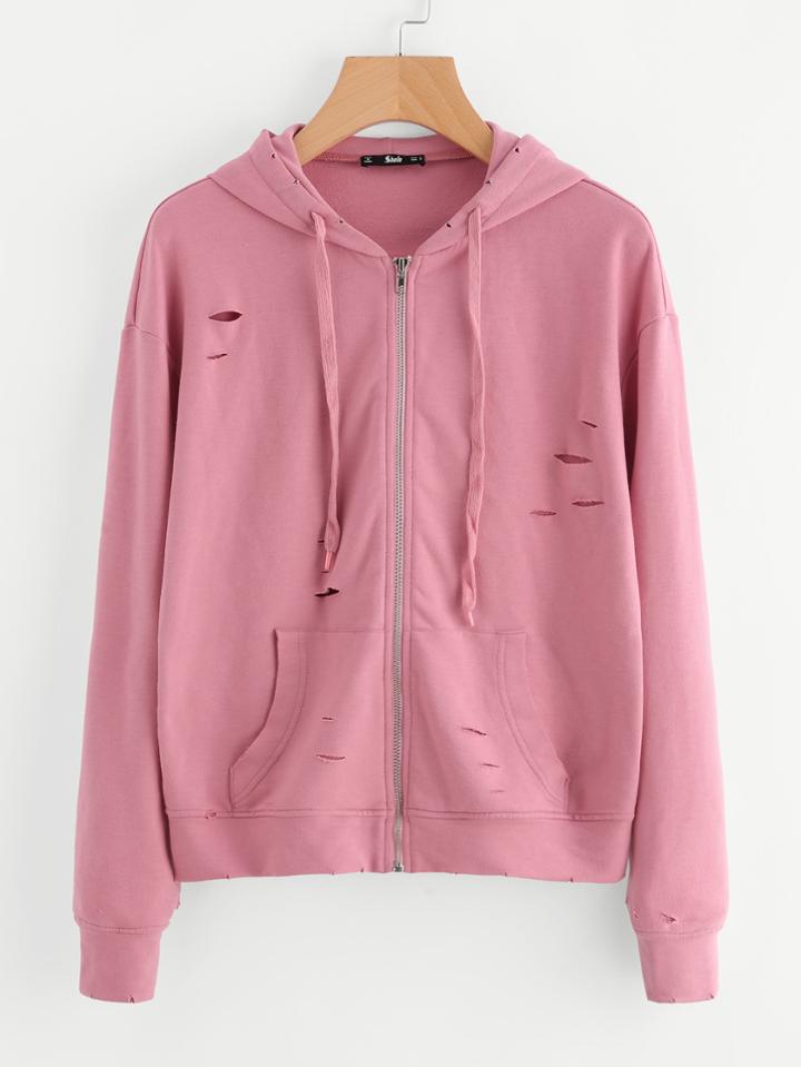Romwe Drop Shoulder Kangaroo Pocket Front Ripped Hoodie