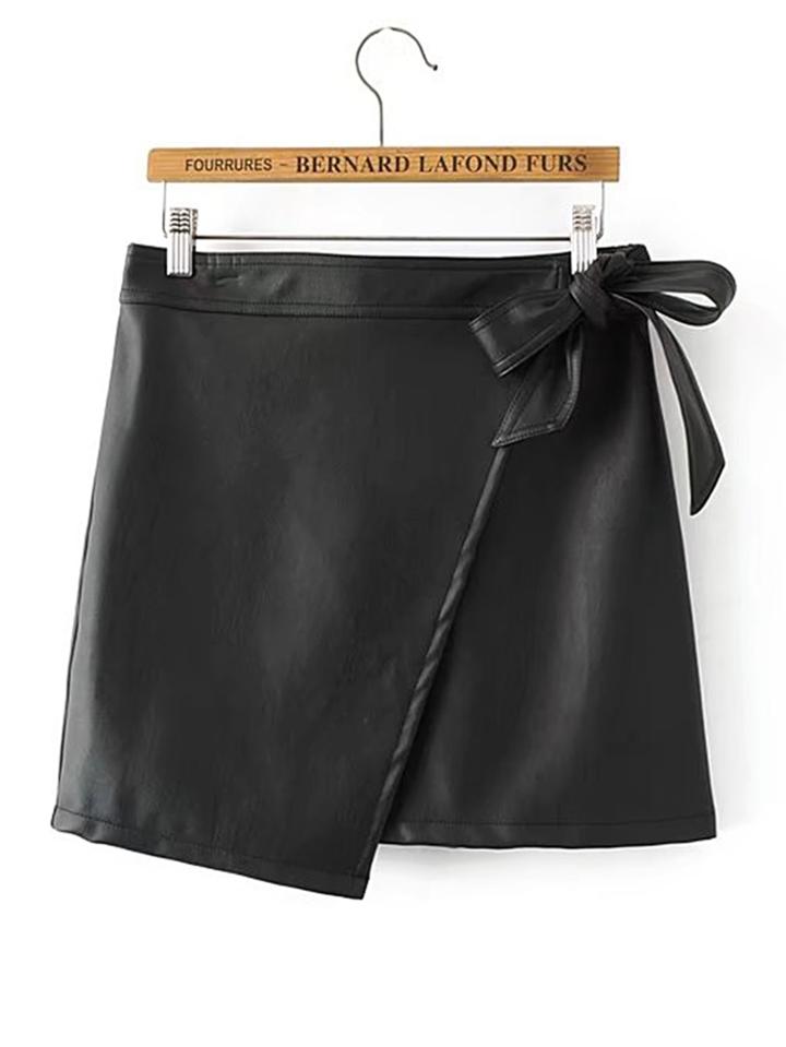 Romwe Self Tie Asymmetrical Pu Skirt