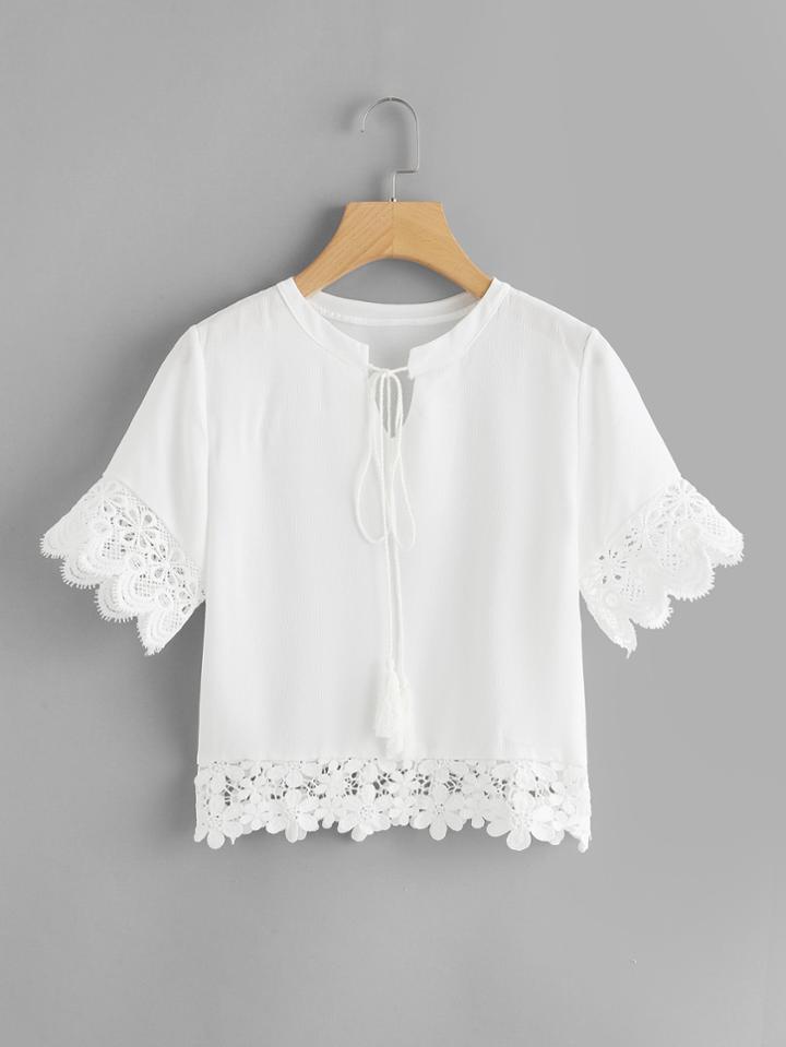 Romwe Lace Hem Tie Neck Top