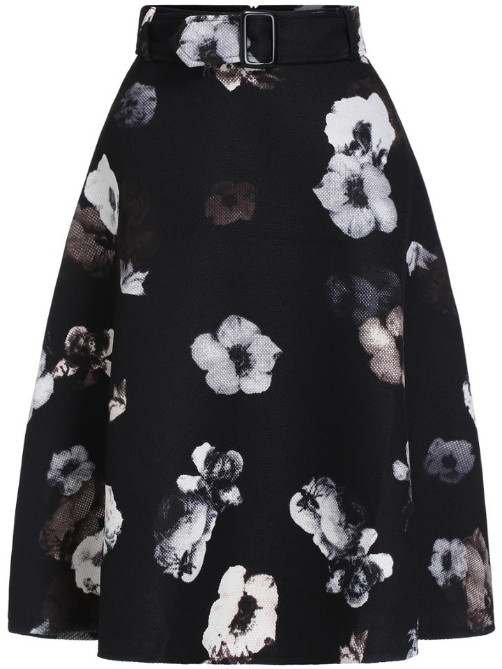 Romwe Flower Print A-line Black Skirt