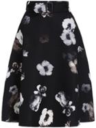 Romwe Flower Print A-line Black Skirt