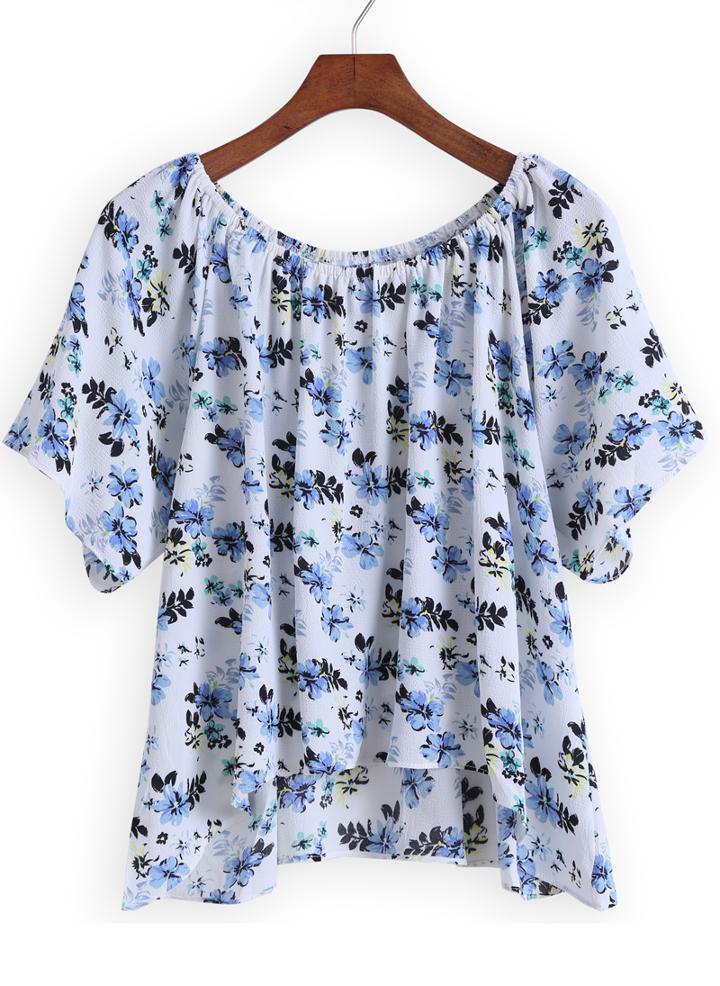 Romwe Dip Hem Florals Blue Top